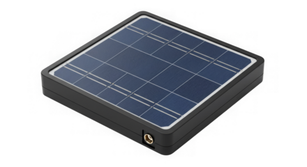 A square solar panel is displayed at an angle, mounted in a black box, showcasing clean energy.