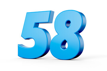 Blue shiny 3d number 58 or Fifty Fifty eight on white background with shadow. 3d illustration