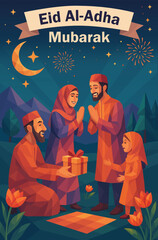 Eid al-Adha Mubarak flat vector poster with family exchanging gifts at night