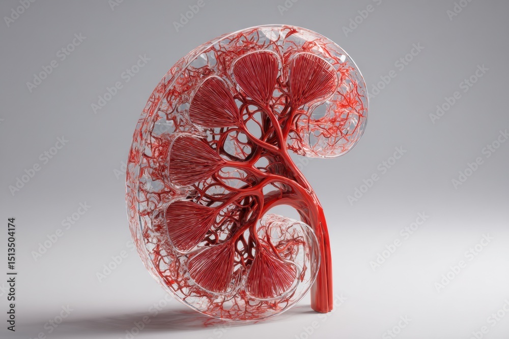 Aufkleber Cross-section 3D Rendering of a Kidney With Smooth Blood Vessel Detail and Clear Left Zone Showcasing Intricate Anatomical Structure