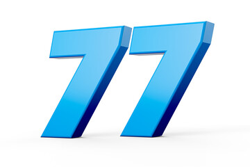 Blue shiny 3d number 77 or Seventy Seven on white background with shadow. 3d illustration