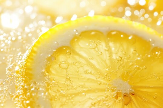Close-up view of a lemon slice in water with bubbles.