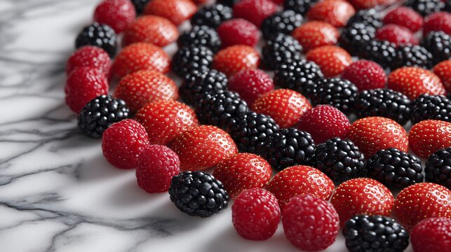 Berries in concentric circles, strawberry, raspberry, blackberry combo, white marble surface