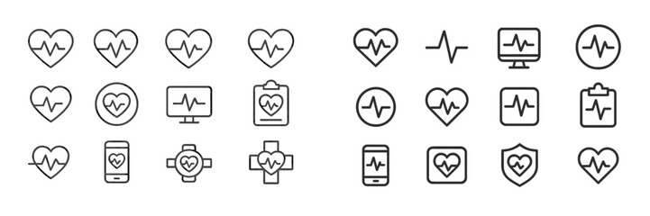 Collection of health-related icons showcasing heartbeats, medical technology, and wellness themes