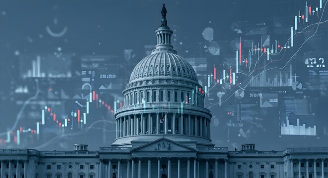 Fototapeta Capitol building with stock market graph symbolizes USA trade agreements.