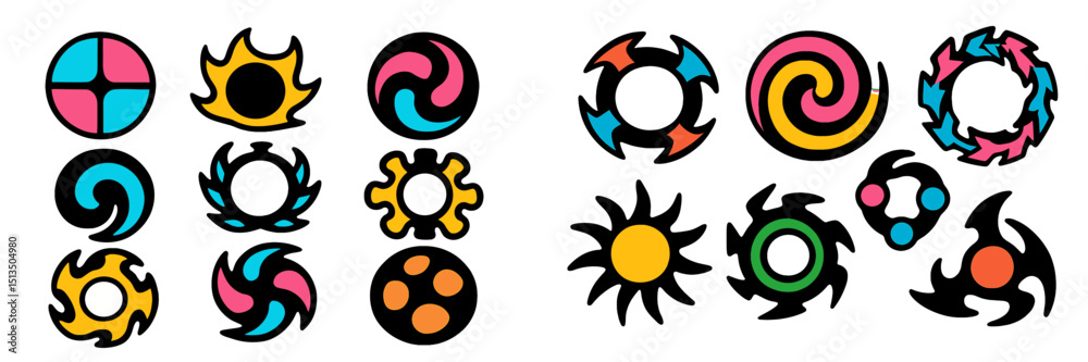 Poster vibrant abstract symbols showcase dynamic design elements with colorful patterns and shapes in a cre