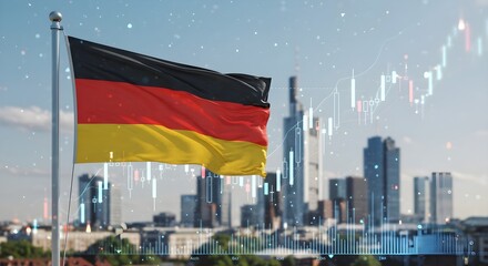 German flag with city skyline and stock market graph, symbolizing economic growth.