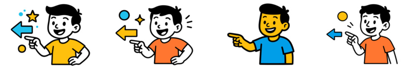 Cheerful children engaging in playful activities while pointing and interacting with colorful visuals