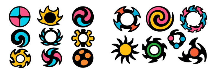 Vibrant abstract symbols showcase dynamic design elements with colorful patterns and shapes in a creative arrangement