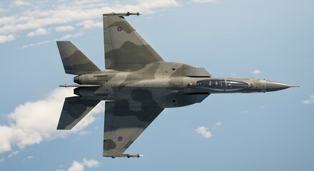 High angle view of modern military fighter jet in flight