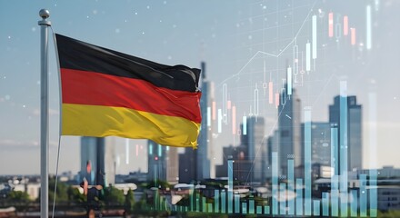 German flag with city skyline and stock market graph, symbolizing economic growth.