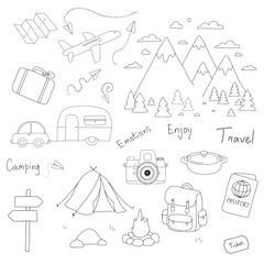 Travel and Adventure Doodles Set. Hand Drawn Vector Elements for Journey, Camping, Road Trip