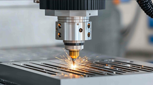 A closeup of a CNC lathe machine cutting into a metal rod with sparks flying from the cutting tool