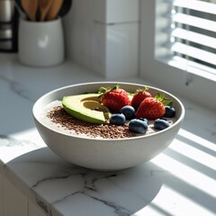 Healthy breakfast bowl with sunlight.