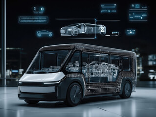 Futuristic electric minibus with transparent body, digital interface, city night, innovation, technology