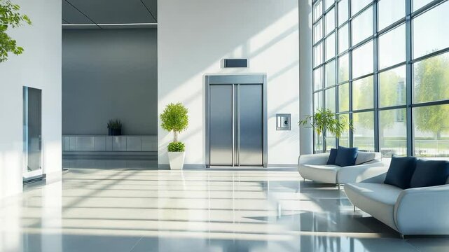 Bright lobby area showcases contemporary seating arrangements, large windows allowing ample sunlight, and a streamlined elevator design