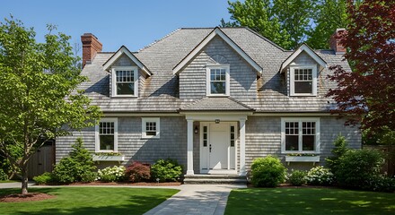 Charming Gray Shingle-Style Home with Lush Landscaping
