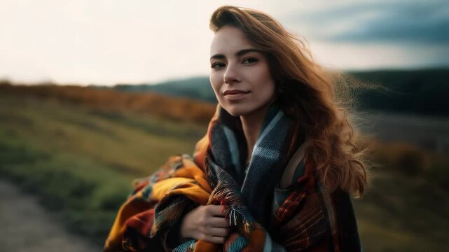 Pensive woman with long wavy auburn hair wrapped in a colorful plaid blanket gazing at an outdoor scenery on an overcast day.