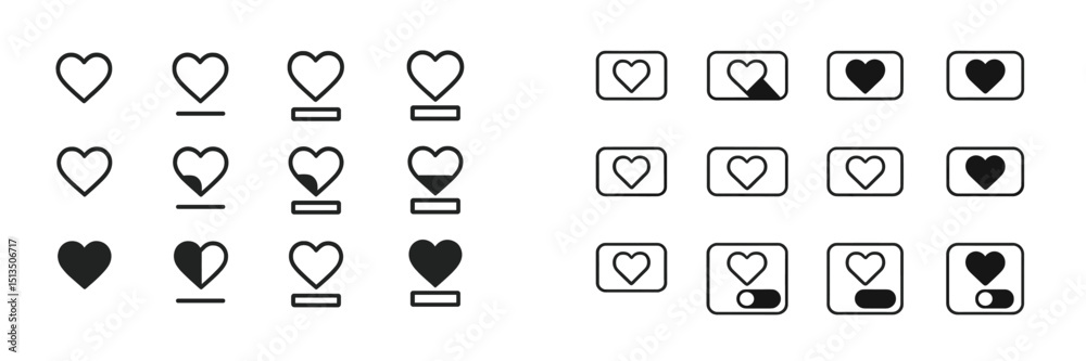 Poster various heart icons and button designs in different styles and states for digital interfaces display