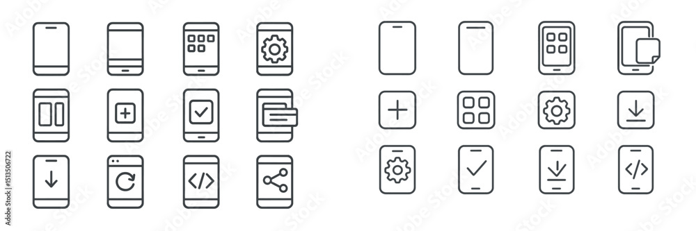 Poster collection of smartphone icons displaying various functions and modes in a minimalist design suitabl