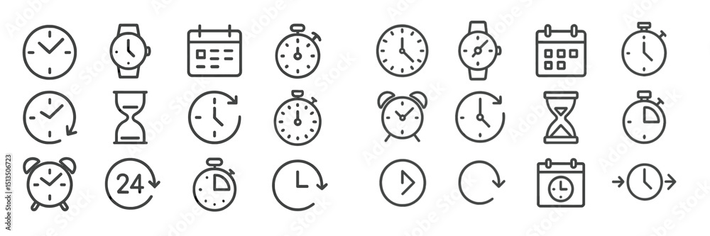 Poster various clock and time-related icons arranged in a grid format showcasing diverse representations of