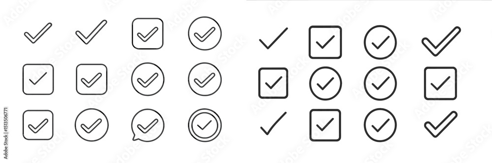 Poster different styles of checkmark icons displayed in various shapes and designs on a simple background