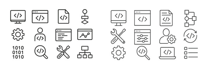 Collection of diverse coding and programming icons in minimalistic style for technology and software development