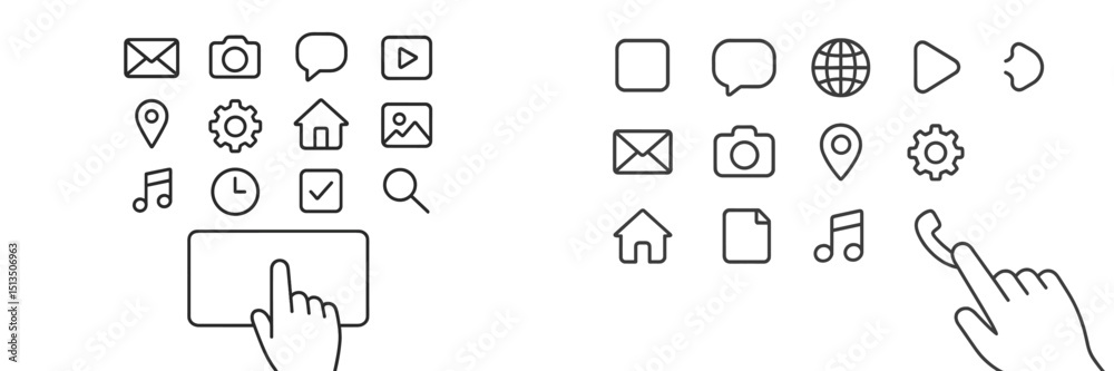 Poster in a digital workspace, hand gestures navigate various icons representing applications and tools on 