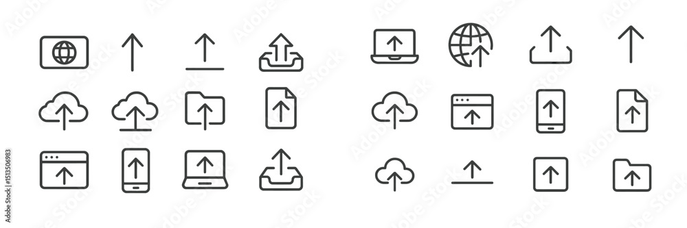 Poster collection of upload icons for digital content sharing on various devices and platforms in a simplif