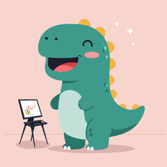 A teal cartoon dinosaur smiles beside a computer screen showing a growing chart.