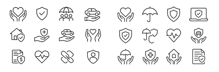 Collection of line art icons representing various insurance services including health, car, home, and life coverage