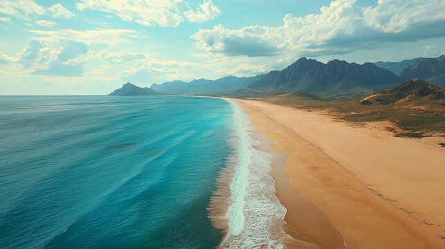 Aerial view of secluded beach and mountain range