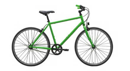 A vibrant green bicycle with black accents is isolated against a transparent background.