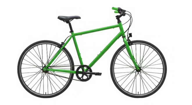 A vibrant green bicycle with black accents is isolated against a transparent background.