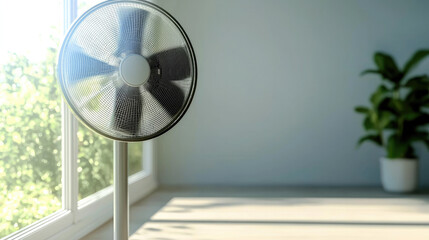 Vintage electric fan metal standing sunlight window indoor green plant peaceful atmosphere