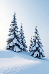 Naklejka premium A group of snow-covered pine trees standing alone on a white hill, serene, winter, snow