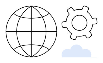 Wireframe globe next to a gear and cloud, symbolizing innovation, technology, networking, global reach, cloud computing, digital transformation, and development. Ideal for flat simple metaphor
