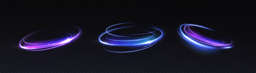 Glowing circular energy traces of purple and blue on a dark background.