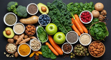 Healthy Food Selection on Concrete Background –Organic Fruits, Leafy Veggies, Seeds, Grains & Superfoods on Concrete