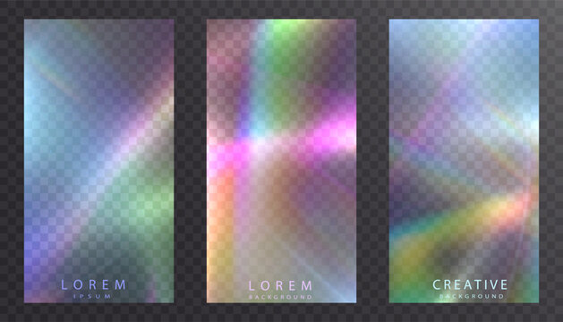 Rainbow light rays, lens flare, reflection effect from crystal, glass or gem. Vector realistic illustration set of light leak effect with spectrum glare, prism refraction, lens flare	
