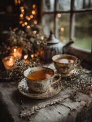 Fototapeta premium Cozy tea gathering rustic cottage still life warm atmosphere close-up comforting moments