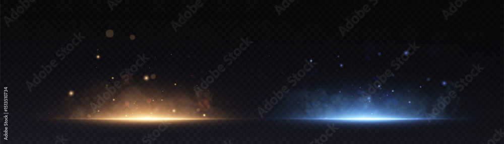 Poster abstract glowing ground light effects with warm golden and cool blue particles on transparent backgr