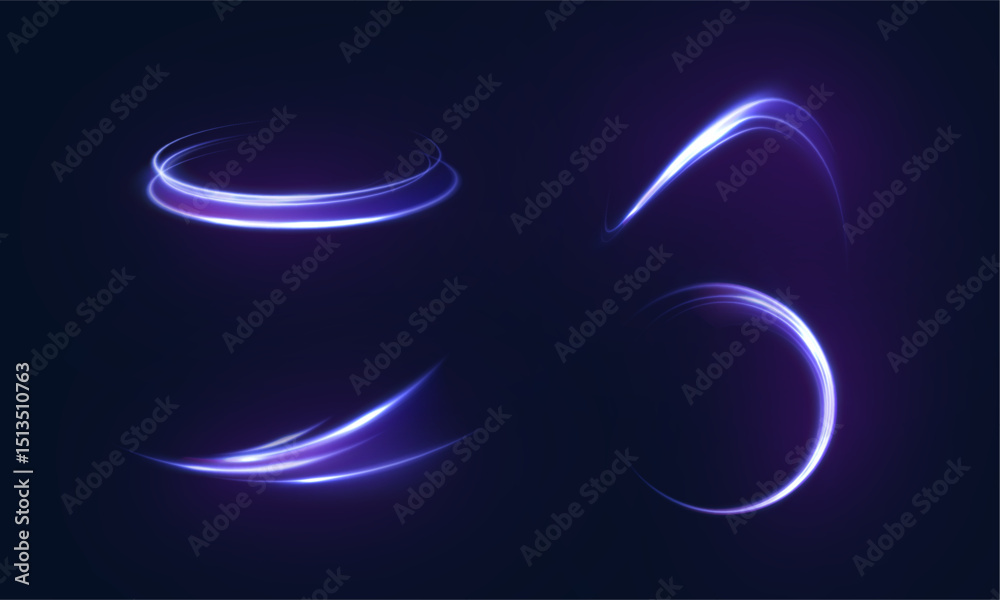 Poster set of glowing neon arcs and light trails in violet and blue hues on dark background.