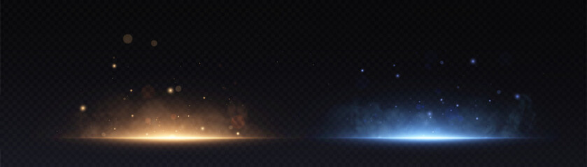 Abstract glowing ground light effects with warm golden and cool blue particles on transparent background. Ideal for sci-fi interfaces, magic portals, or visual stage effects.   © Valeriia