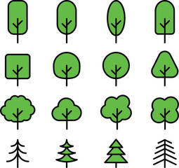 A Set of Tree Line and Solid Icon, Simple Modern Collection for Design, Web Sites, Apps, Cards. Contains Linear Images of Deciduous and Coniferous Trees