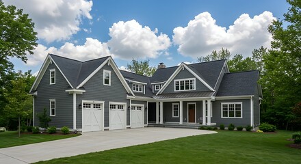 Stunning Gray Exterior Home with Three-Car Garage and Lush Landscaping