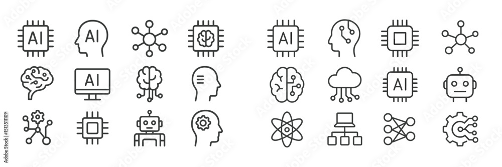 Poster collection of line icons depicting artificial intelligence concepts in technology and computer scien