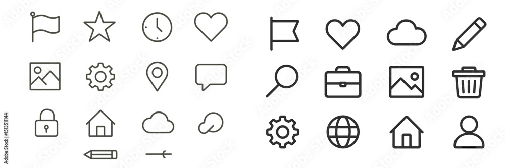 Poster collection of various simple icons representing different themes and concepts suitable for digital d
