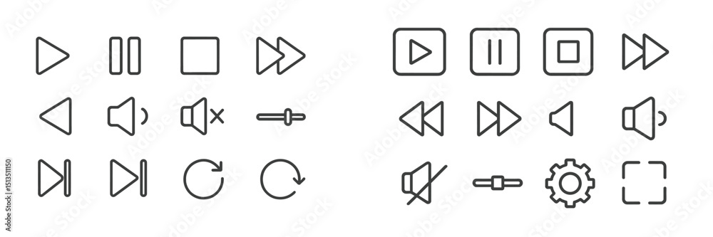 Poster collection of multimedia control icons displayed in a clean linear style for user interface design