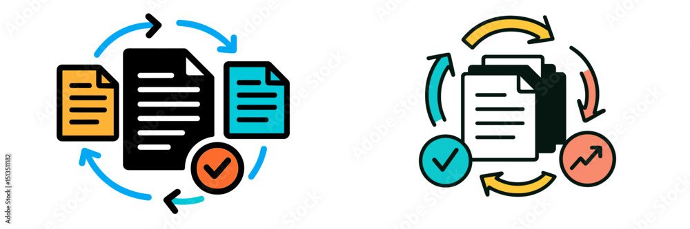 Poster creative illustrations depicting document management and data processing in a digital workspace envi